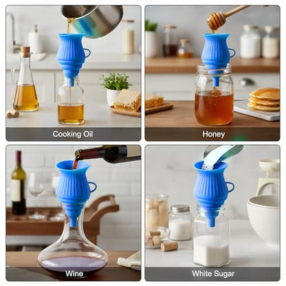 Li&Zhao Kitchen Funnels - 2 PCS Funnels for Kitchen Use Filling Bottles Foldable Silicone Collapsible Funnel Set Oil Funnel Bottle Liquid Transfer Kitchen Gadgets Accessories (Blue)