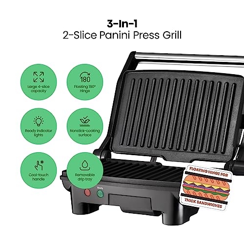 Chefman Electric Panini Press Grill,Compact 2-Slice Sandwich Maker,Non-Stick Coated Plates,Opens 180 Degrees,Dishwasher Safe,Removable Drip Tray,Stainless Steel/Black,(Pack of 4) - size: 2 Slice (Pack of 4)