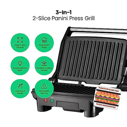 Chefman Electric Panini Press Grill,Compact 2-Slice Sandwich Maker,Non-Stick Coated Plates,Opens 180 Degrees,Dishwasher Safe,Removable Drip Tray,Stainless Steel/Black,(Pack of 4) - size: 2 Slice (Pack of 4)