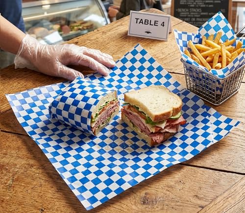 MADE IN USA 1,000 Sheets of Grease-Resistant Food Grade Waxed Kraft Deli Tissue Paper, 12" X 12" (Blue Checker Print) - color: Blue Checker Print