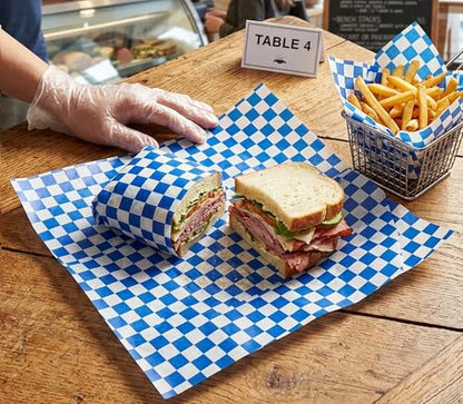 MADE IN USA 1,000 Sheets of Grease-Resistant Food Grade Waxed Kraft Deli Tissue Paper, 12" X 12" (Blue Checker Print) - color: Blue Checker Print