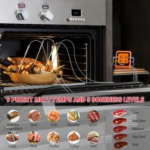 TempPro 650 ft Bluetooth Meat Thermometer with 4 Color-Coded Probes, Wireless Meat Thermometer Digital Wireless with Timer, Commercial Cooking Tools & Utensils Rechargeable for Smoker Oven - style: 4 Probes