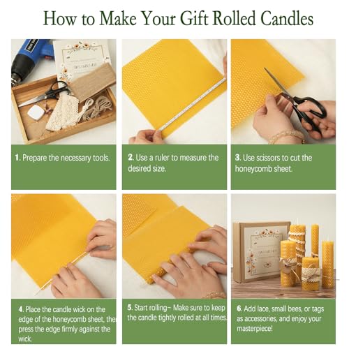 Beeswax Sheets for Candle Making, 30Pcs DIY Beeswax Candles Rolling Kit for Kids & Adults, Natural Honeycomb Sheets (8 x 8 Inch) with Cotton Wick, Bee Ornaments, Lace Ribbon and Hemp Rope