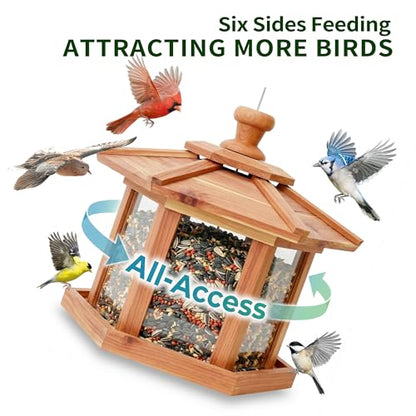 Solution4Patio Bird Feeder for Outdoors - USA Cedar Hexagon Gazebo Bird Feeders with Vented Mesh Tray, Easy-Clean & Fill Design 9.6" Dia. X 8.7" H 3.2-lb Capacity - style: Hexagon Gazebo