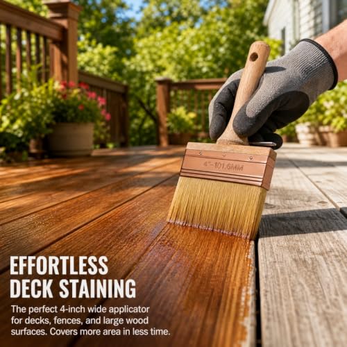 Deck Stain Brush 4", Attachable Paint Brush with Wooden Handle | Ergonomic wooden handle, Soft shed-resistant bristles, Detachable design, Washable & reusable, For furniture refinishing - color: 4 Inch