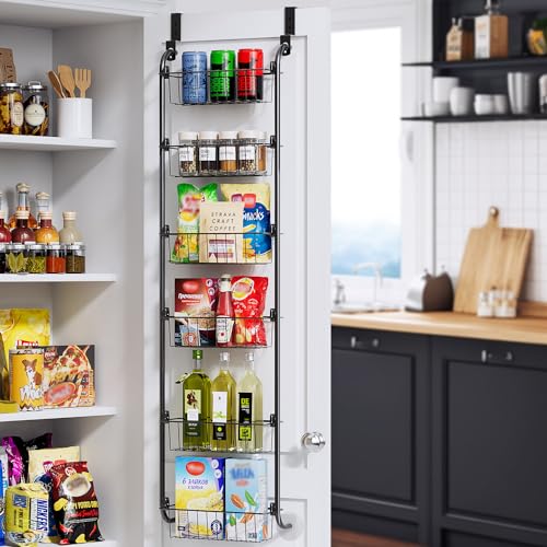 Delamu Narrow Over the Door Pantry Organizer, 6-Tier Metal Pantry Door Organization and Storage for Easy Install, Hanging Spice Rack Seasoning Shelves for Cabinet & Kitchen, D5 x W13 x H50 inch, Black - color: Black, size: 6 Tier-S