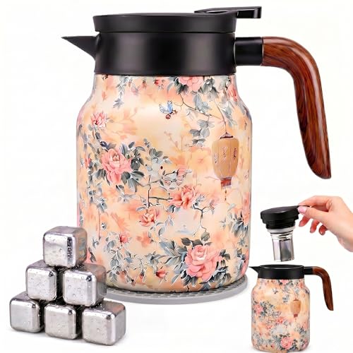 Insulated Stainless Steel Teapot, 35 Oz Vintage Floral Design with Removable Tea Infuser, 12Hr Hot & Cold Retention for Home Kitchen (Vintage Floral Yellow) - color: Vintage Floral Yellow