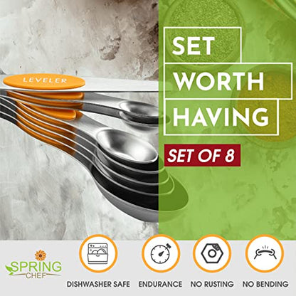 Spring Chef Stainless Steel Magnetic Measuring Spoons Set of 8 with Leveler, Dual Sided Metal Teaspoon & Tablespoon Measuring Spoons, Kitchen Gadgets for Baking & Cooking, Fits in Spice Jars - Mango - color: Mango, size: 1-Pack
