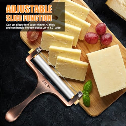 Sopito Cheese Slicer Stainless Steel with 3 Extra Wires Great for Cheddar, Gruyere, Raclette, Mozzarella Cheese Block, Adjustable Thickness, Copper - color: Copper