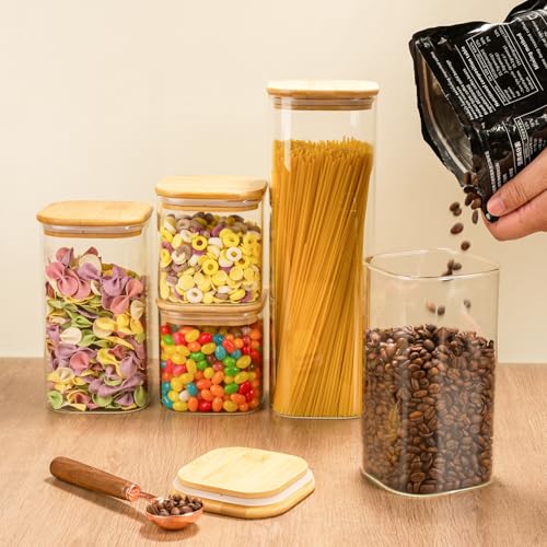 Glass Spaghetti Pasta Storage Container - 5 Pack Airtight Food Storage Jar Set with Bamboo Lid Labels - Square Kitchen Pantry Canister Organizers for Cookies Candy Coffee Bean Sugar Tea Spice Flour - size: 82oz*1/48oz*2/24oz*2