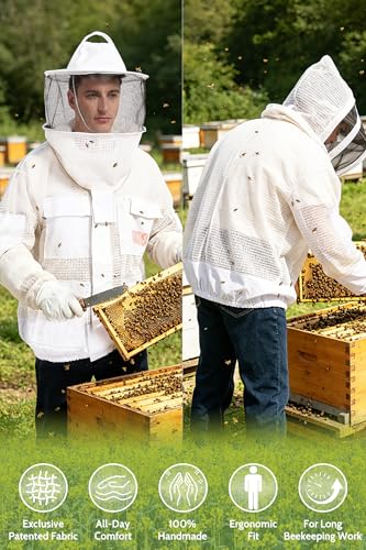 Sting Proof Bee & Beekeeping Jacket, 3-Layer Vented 2 Veils & Gloves,M | Ultra-Breeze Ventilated Beekeeper Jacket for Men & Women, Dual Veils, Beginner to Pro, All-Day Comfort, Backyard Apiary - size: M