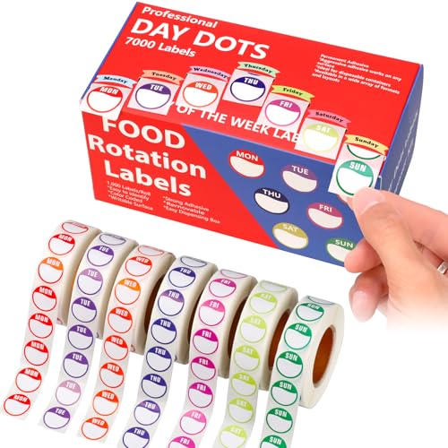 7000pcs Days of The Week Stickers Colored Dot Food Labels Removable Date Labels with Dispenser Box for Food Containers Restaurant Supplies
