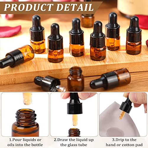 Nuogo 100 Pcs Mini Amber Glass Oil Dropper Bottle Bulk, Clear Essential Small Empty Sample Vial with Dropper and Black Caps Tiny Amber Glass Bottles Perfume Jars for Travel(1 ml) - size: 1 ml