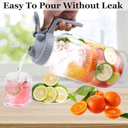Mason Jar Pitcher Wide Mouth 32 OZ Glass Jars With Pour Spout Lids Airtight Leak-proof 1 Quart Water Pitcher With Handle For Iced Tea, Milk, Sun Tea, Lemonade, Iced Coffee - color: 32 OZ