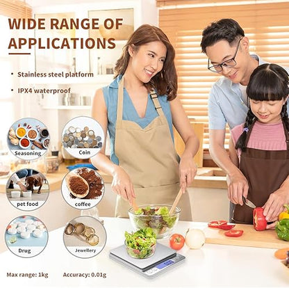Digital Gram Scale 1000g/0.01g, Scale for Food Ounces and Grams, Upgrade USB Charging Kitchen Scale Digital Weight for Cooking, Baking, Tare Function, 9 Units, 2 Tray - color: Silver