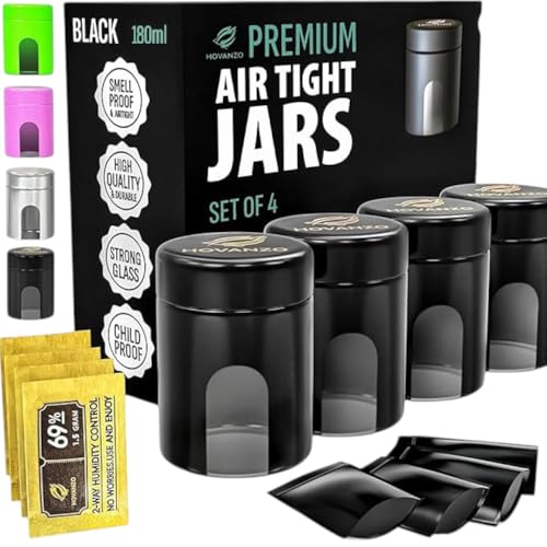 Premium Airtight Glass Storage Jars 180ml with 69% Humidity Control 4 Packs - UV Air Tight Jars with Child-Resistant Lid - Airtight Jar Container, Air Tight Storage,Storage Jars for Herb/Spice - color: Black, size: 180 ML - 4Pcs