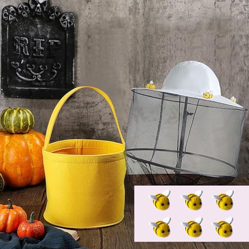 18Pcs Beekeeper Set Including 1Pc Bee Hat and Veil, 6Pcs Wool Felt Bee,10Pcs Double Side Tape and Yellow Felt Bucket for Men Women Beekeeping Supplies Halloween Costume