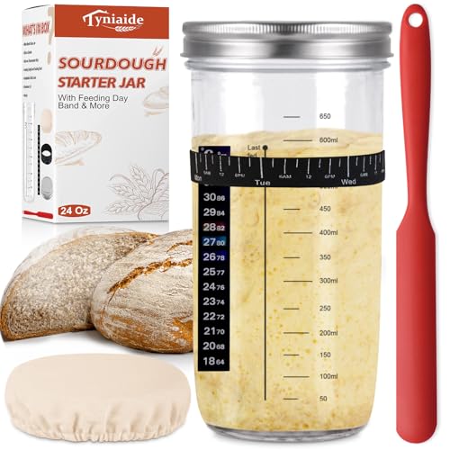 Sourdough Starter Jar Kit, 650ml Sourdough Starter Jar With Thermometer, Silicone Scraper, Cloth Cover And Aluminum Lid. Reusable Sour Dough Starter Jar