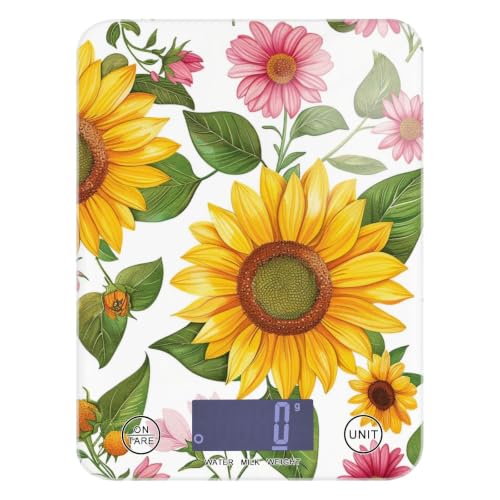 Food Scale Kitchen Digital Scale Food Ounces and Grams Dieting Baking Cooking Waterproof Glass Panels LCD Display,4 Units Scale Tare Function Sunflower White - color: Sunflower 34