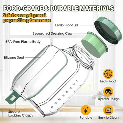 Salad Jar with Side Opening, Mason Jar Pod Lunch Container for Meal Prep, Leakproof Airtight Salad Shaker with Dressing Container, BPA Free & Dishwasher Safe for Office & Travel