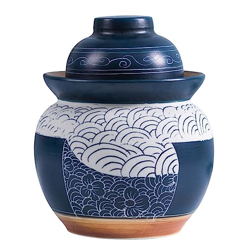 Blue Fermentation Jar Traditional Chinese Porcelain Pickle Jar,Ceramics Fermenting Crock Kit with Water Seal Airlock Lid, Pickle Jar for Pickles Kimchi, Sauerkraut 3.5Kg