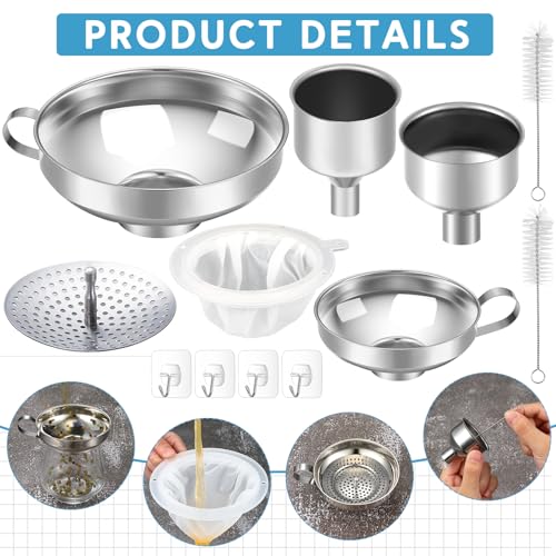 12 Pcs Stainless Steel Canning Funnels for Wide Mouth Mason Jars, Set with Strainer