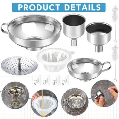 12 Pcs Stainless Steel Canning Funnels for Wide Mouth Mason Jars, Set with Strainer