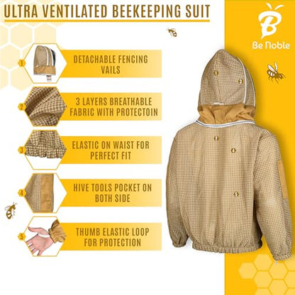 3 Layer Beekeeping Ultralight Ventilated Jacket with Two Veils. Fully Protective Metal Zipper Jacket with Round Veil and Fencing Veil. (Khaki, M)