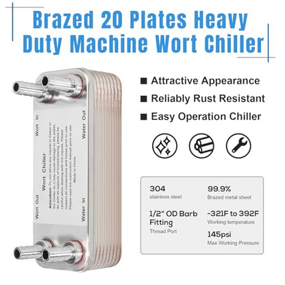 FERRODAY Wort Chiller, 20 Plate 1/2 Barb Fitting Plate wort Chiller, Stainless Steel Brazed Plate Heat Exchanger for Homebrew, beer brewing chiller Wort Cooler Heat Exchanger-7.5" x 1.9"