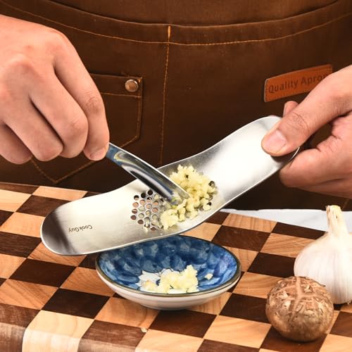 Cook Guy Garlic Press Rocker Set -304 Stainless Steel Premium All-Steel Garlic Mincer, Crusher, Peeler, and Scraper Tool for Effortless Mincing –Dual-Handle Garlic Grinder(B0201) - color: Silver