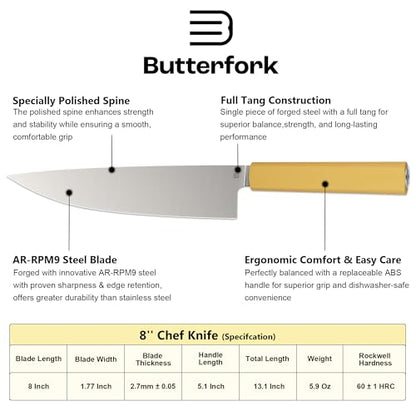 8 Inch Chef Knife, AR-RPM9 Steel & Ergonomic Handle Cooking Knife, Ultra Sharp Professional Kitchen Knife with Gift Box for Home Chefs - color: Pale Yellow, size: 8"