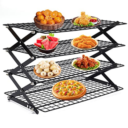 4-Tier Collapsible Cooling Rack, Adjustable Stackable Roasting Cooking Drying Wire, Barbecue Storage Display Shelf for Cookies Baking Picnic Party