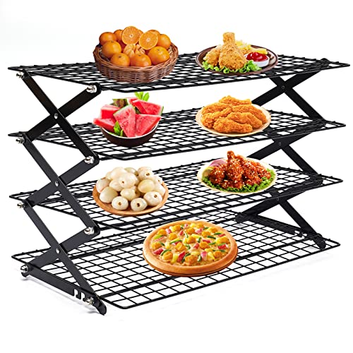 4-Tier Collapsible Cooling Rack, Adjustable Stackable Roasting Cooking Drying Wire, Barbecue Storage Display Shelf for Cookies Baking Picnic Party