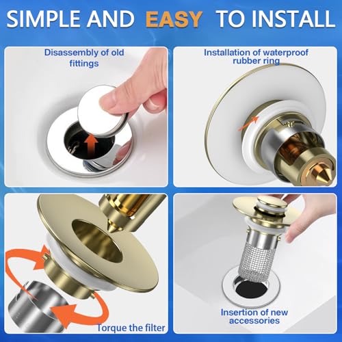 Bathroom Sink Drain Strainer,(4PCS) Pop-up Sink Drain Strainer with Removable Stainless Steel Strainer Basket Hair Catcher, Bathroom Sink Strainer for Bathroom Sink Stopper Replacement - color: 4, Brushed Gold