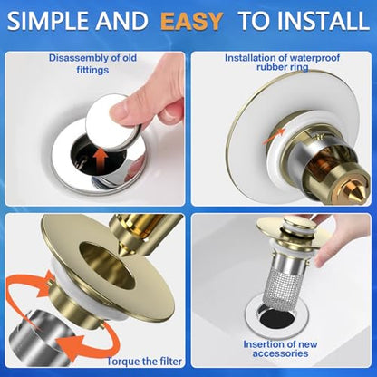 Bathroom Sink Drain Strainer,(4PCS) Pop-up Sink Drain Strainer with Removable Stainless Steel Strainer Basket Hair Catcher, Bathroom Sink Strainer for Bathroom Sink Stopper Replacement - color: 4, Brushed Gold