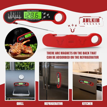 AWLKIM Meat Thermometer Digital, Instant Read Thermometer, Red | Food thermometer for grill, BBQ, candy, oil and baking; backlit display, foldable probe and magnetic storage - color: Red