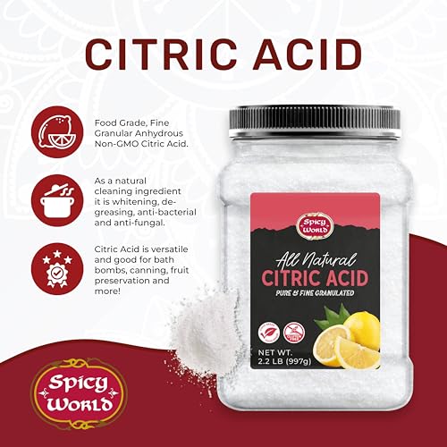 Citric Acid 2.2 LB Jar - Pure, All Natural, Food Grade, Non-GMO Citric Acid Powder for Cleaning, Bath Bombs, Preserving | Fine Granular & Premium Quality by Spicy World