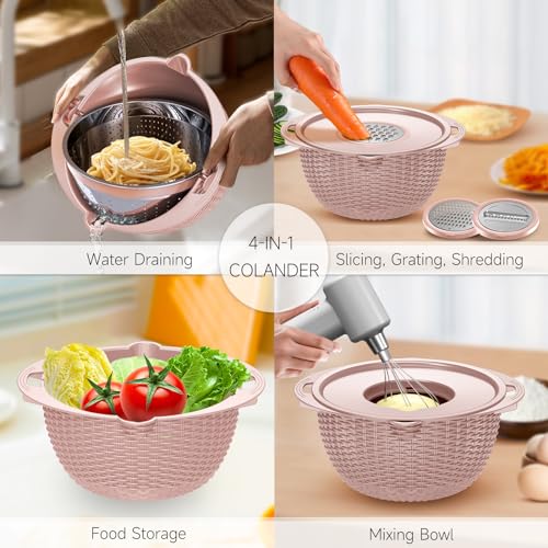 4-1 Colander with Bowl & Spoons Set - Food Strainer with New Upgraded Graters & Spoons - Colanders for kitchen(Patented) - Strainer for Fruit Pasta Veggie, Funny Presents for Women, Pink - color: Pink