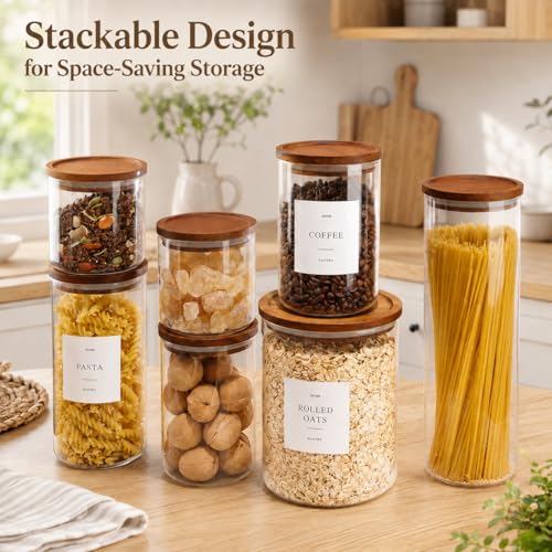 Set of 6 Glass Pantry Jars with Acacia Wood Lids, 32oz Airtight Pantry Storage Containers with 105 Labels, Glass Kitchen Canisters for Coffee, Tea, Sugar, Pasta - size: 32oz 6 Pack