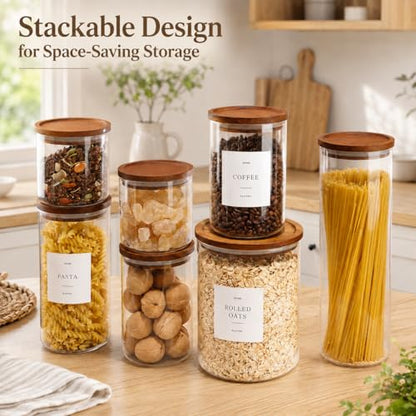 Set of 3 Glass Pantry Jars with Acacia Wood Lids, 45oz Airtight Glass Kitchen Canisters with 105 Labels, Clear Pantry Storage Containers for Coffee, Sugar, Oats, Pasta, Cookies - size: 45oz 3 Pack