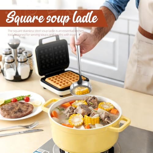 Kichvoe Square Stainless Steel Soup Ladle with Hanging Corrosion Resistant Cooking Spoon for Stirring and Serving Soups Hot Pot and Stews in Home Professional Kitchens