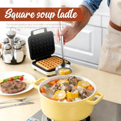 Kichvoe Square Stainless Steel Soup Ladle with Hanging Corrosion Resistant Cooking Spoon for Stirring and Serving Soups Hot Pot and Stews in Home Professional Kitchens