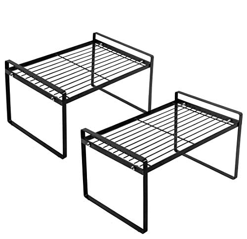 Shantton 2 Pack Kitchen Cabinet Shelf Counter Organizer Rack Pantry Storage Bathroom Bedroom Office Table Desk Space Saving Steel Frame Stackable Rust Resistant Non Slip Black - color: Black, size: L13" W8.3" H7.3"