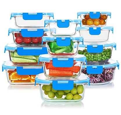 KOMUEE 24 Pieces Glass Food Storage Containers Set,Glass Meal Prep Containers, BPA-Free Airtight Glass Storage Containers with lids,Freezer, Microwave and Oven Safe,Blue - color: Blue