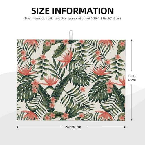 Tropical Green Palms Leaf Dish Drying Mat Pink Flower Hawaii Watercolor Floral Drying Rack Pad Countertop Dishes Ultra Absorbent Microfiber Kitchen Counter Mat 18x24 Inch - color: Green