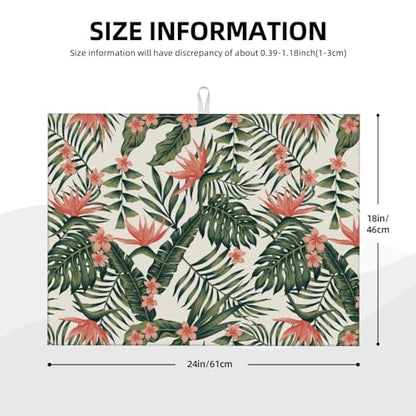 Tropical Green Palms Leaf Dish Drying Mat Pink Flower Hawaii Watercolor Floral Drying Rack Pad Countertop Dishes Ultra Absorbent Microfiber Kitchen Counter Mat 18x24 Inch - color: Green
