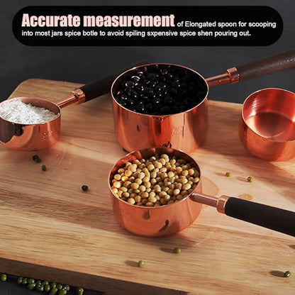 SHIKORI Gold Measuring Cups and Spoons Set with Wood Handles, Premium Stainless Steel Measuring Spoons and Measuring Cups Set, For Cooking and Baking in the Kitchen-Rose Gold-4Cups - color: Rose Gold-4Cups