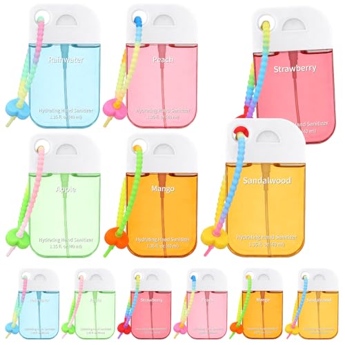 Frienda 12 Pcs Hydrating Hand Sanitizer Spray Scented Pocket Power Mist Hand Sanitizer Travel Size with Keychain Moisturizing Antibacterial Sanitizing Cleans Hands for Women(Juicy) - style: Juicy