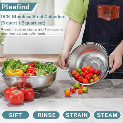 Pleafind Colander for Kitchen - 5 QT & 3 QT Stainless Steel Strainer with Handle, Kitchen Strainer Colanders Bowl for Pasta, Noodles, Spaghetti, Vegetables and Fruits, Rust-Resistant & Dishwasher Safe