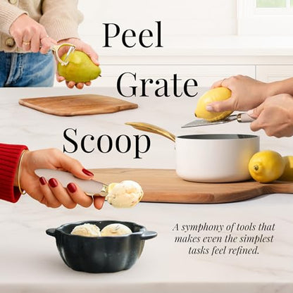 Gold and Beige Kitchen Utensils Set – 8 PC Cooking Gadgets with Mini Gold Whisk and Tongs, Pizza Cutter, Garlic Press, Cheese Grater, Peeler, Can Opener, Scoops – Stylish Beige Kitchen Accessories - color: 8 Piece Beige & Gold